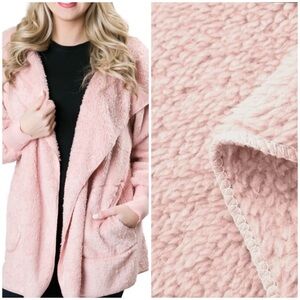 Top It Off Woman’s Hooded Sherpa Open Front Cardigan in Pink, Size OS